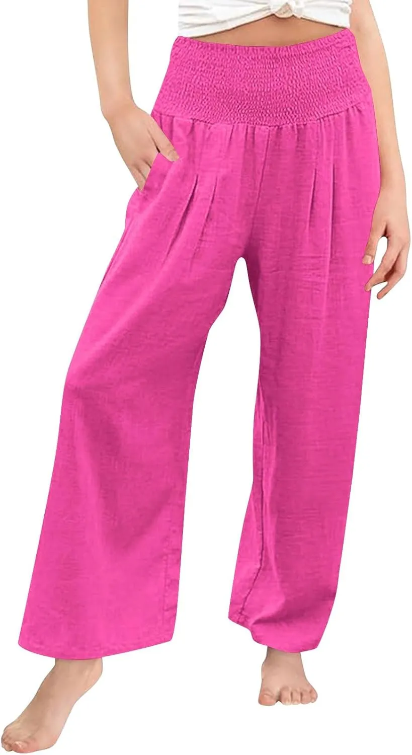 Cotton Linen Palazzo Pants for Girls Casual Smocked High Waist Wide Leg Long Pants Kids Summer Beach Lounge Trousers