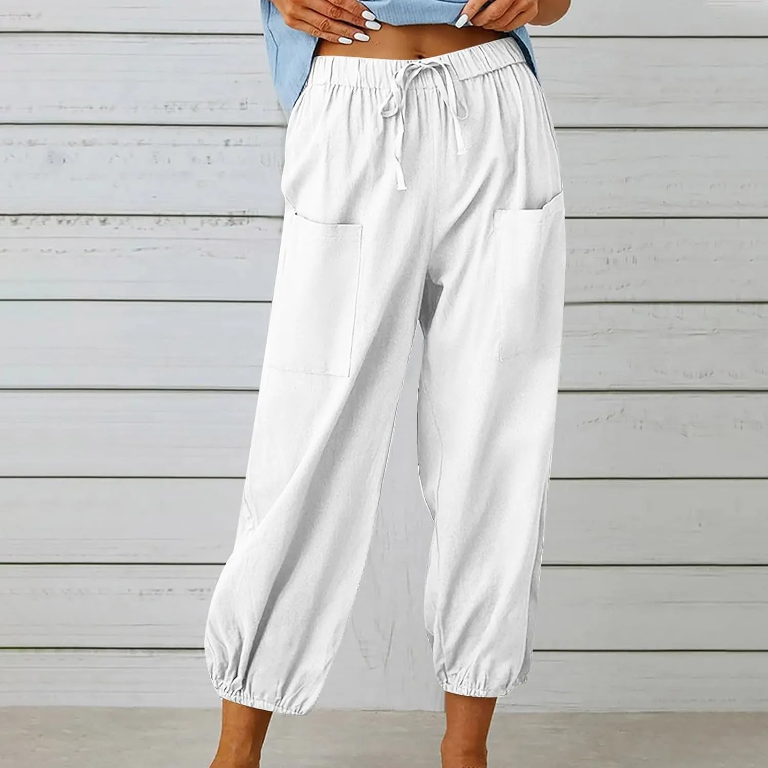 Cotton Linen Pants for Women Drawstring Elastic Waist Trousers Summer Solid Business Casual Gauze Pant Beach Clothes