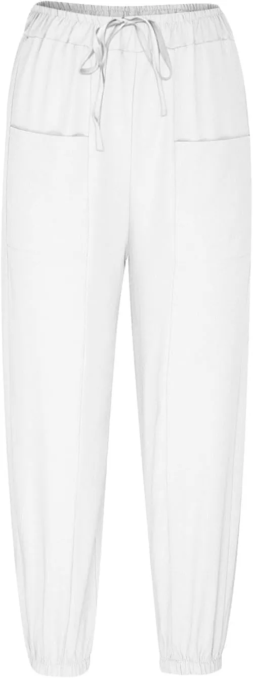 Cotton Linen Pants for Women Drawstring Elastic Waist Trousers Summer Solid Business Casual Gauze Pant Beach Clothes