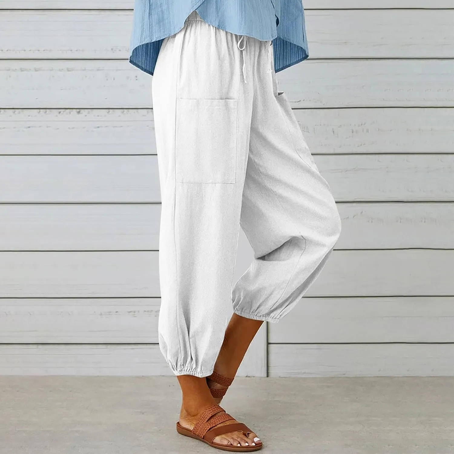 Cotton Linen Pants for Women Drawstring Elastic Waist Trousers Summer Solid Business Casual Gauze Pant Beach Clothes