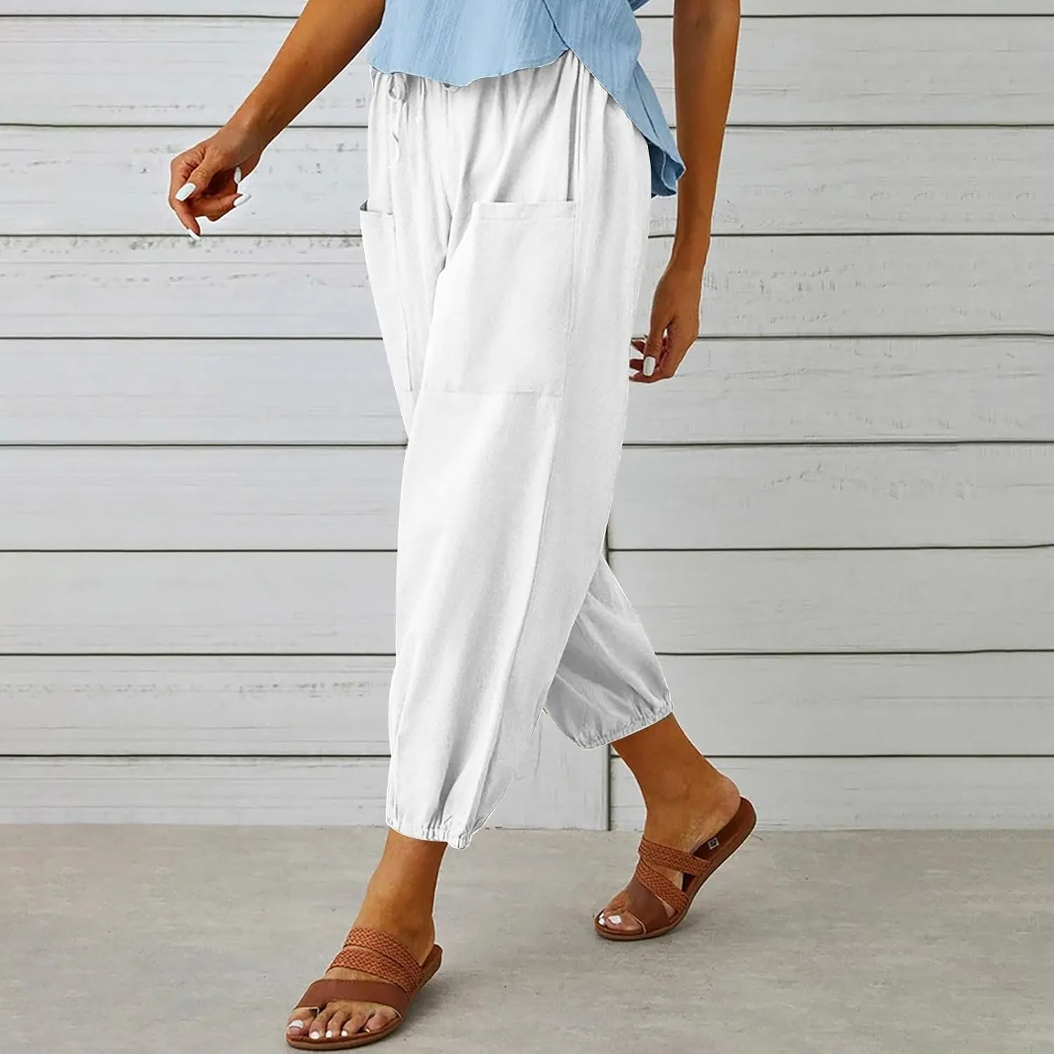 Cotton Linen Pants for Women Drawstring Elastic Waist Trousers Summer Solid Business Casual Gauze Pant Beach Clothes