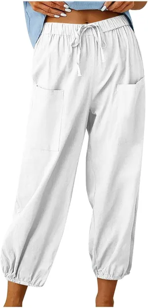 Cotton Linen Pants for Women Drawstring Elastic Waist Trousers Summer Solid Business Casual Gauze Pant Beach Clothes