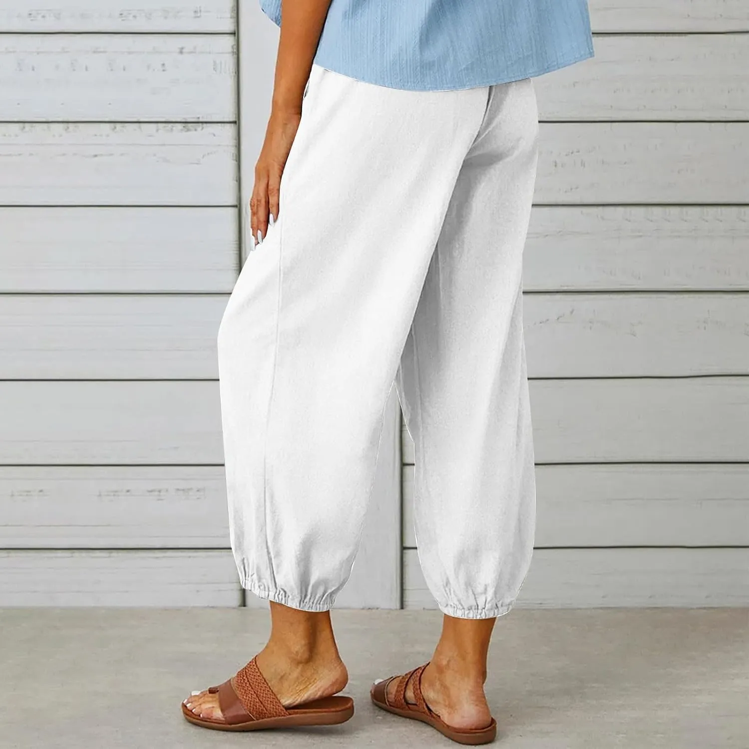 Cotton Linen Pants for Women Drawstring Elastic Waist Trousers Summer Solid Business Casual Gauze Pant Beach Clothes