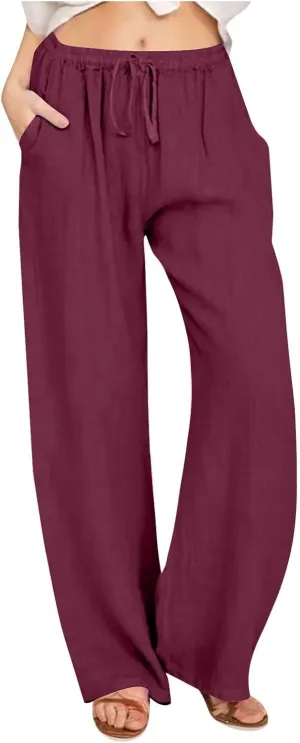 Cotton Linen Pants for Women Lightweight High Waisted Pants Tie Knot Wide Leg Pants Summer Lounge Pants with Pockets