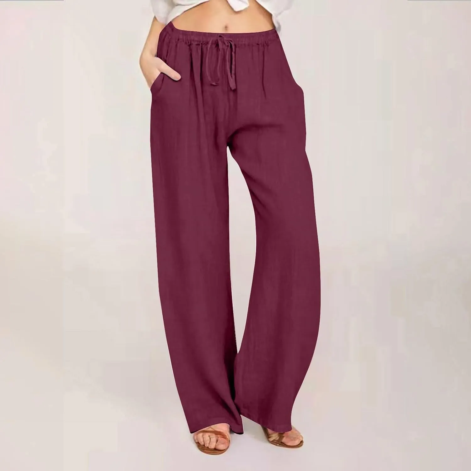 Cotton Linen Pants for Women Lightweight High Waisted Pants Tie Knot Wide Leg Pants Summer Lounge Pants with Pockets