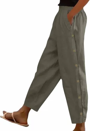 Cotton Linen Pants for Women Wide Straight Leg Side Button Pant Teen Girls 2025 Baggy Elastic Waist Comfy Crop Trouser