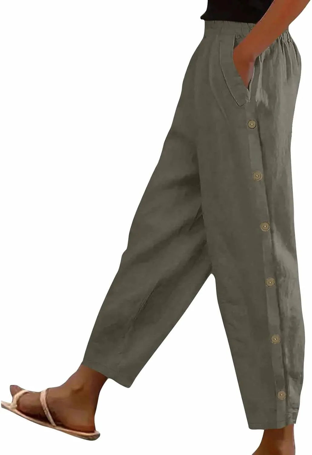 Cotton Linen Pants for Women Wide Straight Leg Side Button Pant Teen Girls 2025 Baggy Elastic Waist Comfy Crop Trouser