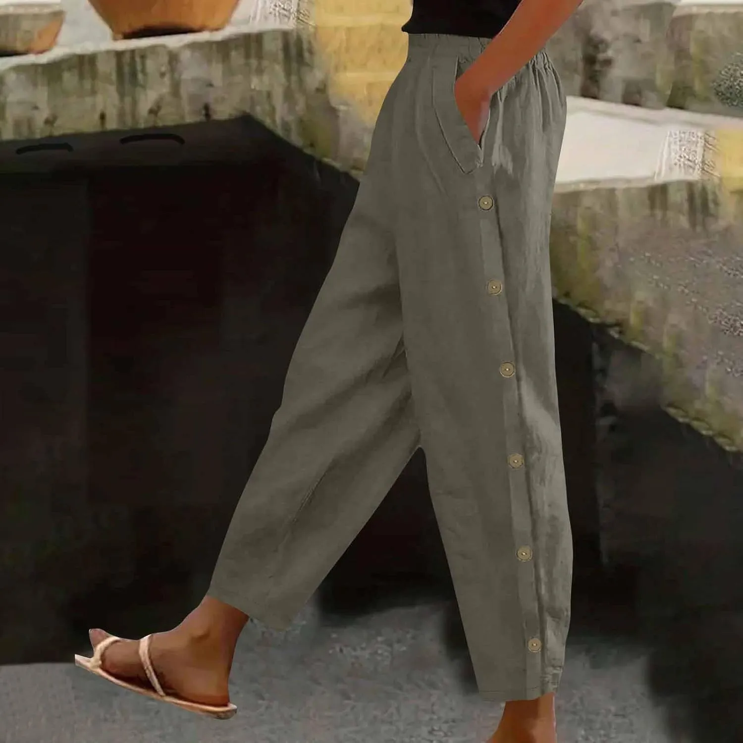 Cotton Linen Pants for Women Wide Straight Leg Side Button Pant Teen Girls 2025 Baggy Elastic Waist Comfy Crop Trouser