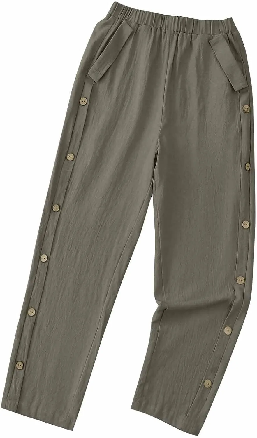 Cotton Linen Pants for Women Wide Straight Leg Side Button Pant Teen Girls 2025 Baggy Elastic Waist Comfy Crop Trouser