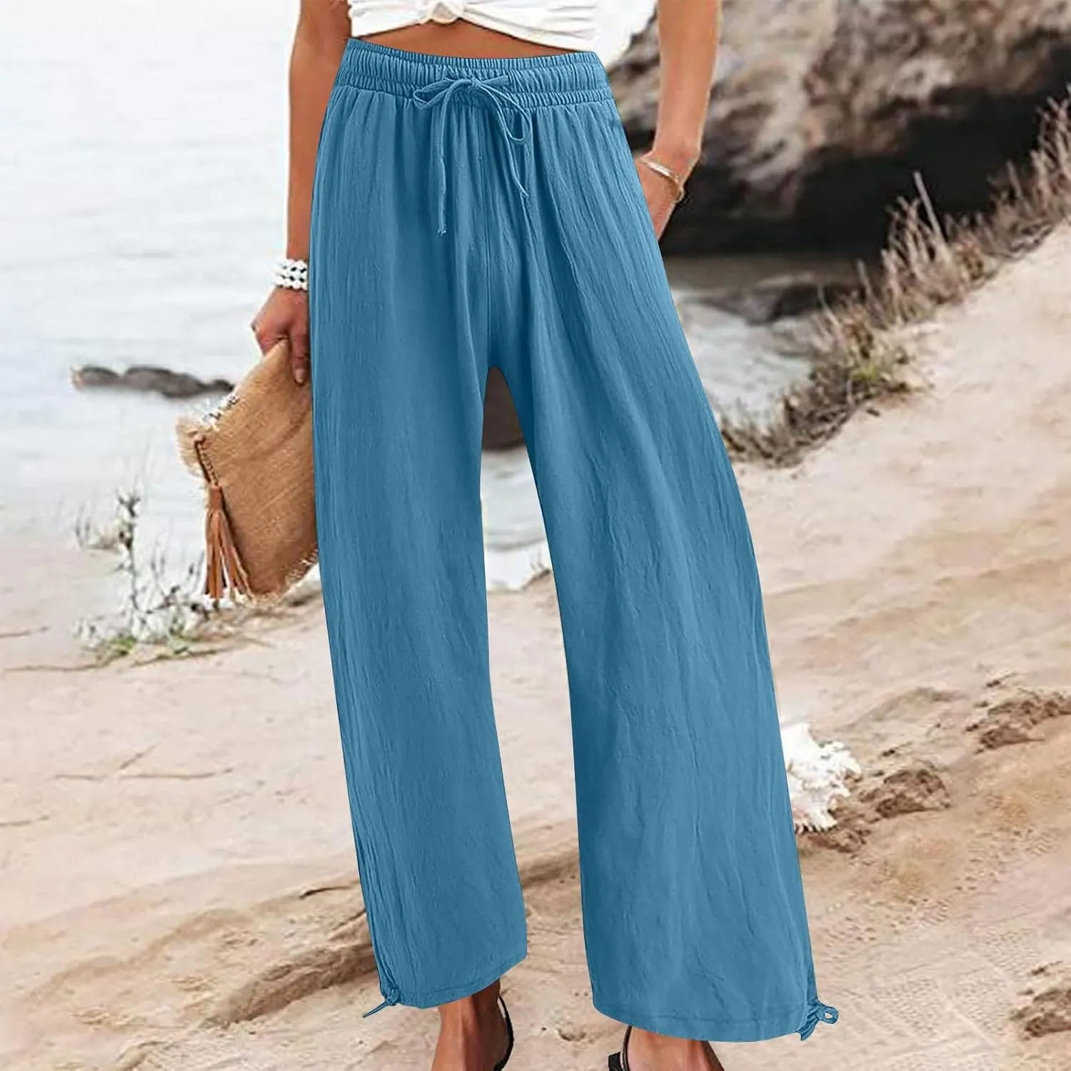 Cotton Linen Pants for Womens Casual Loose Drawstring Elastic Waist Pants Fashion Wide Leg Trousers with Pocket