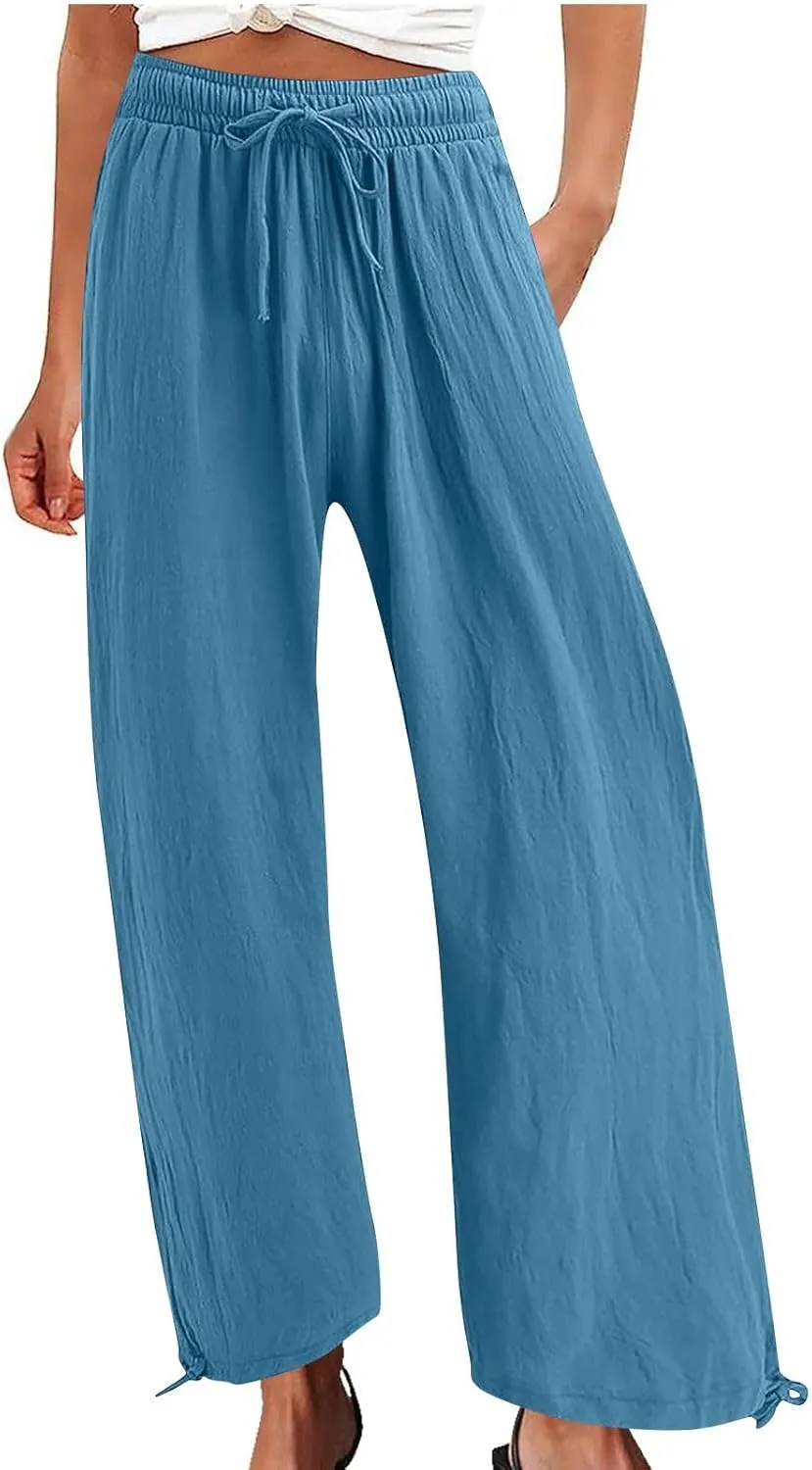 Cotton Linen Pants for Womens Casual Loose Drawstring Elastic Waist Pants Fashion Wide Leg Trousers with Pocket
