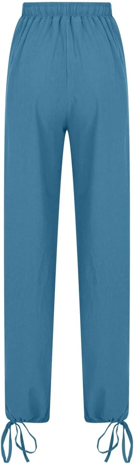 Cotton Linen Pants for Womens Casual Loose Drawstring Elastic Waist Pants Fashion Wide Leg Trousers with Pocket