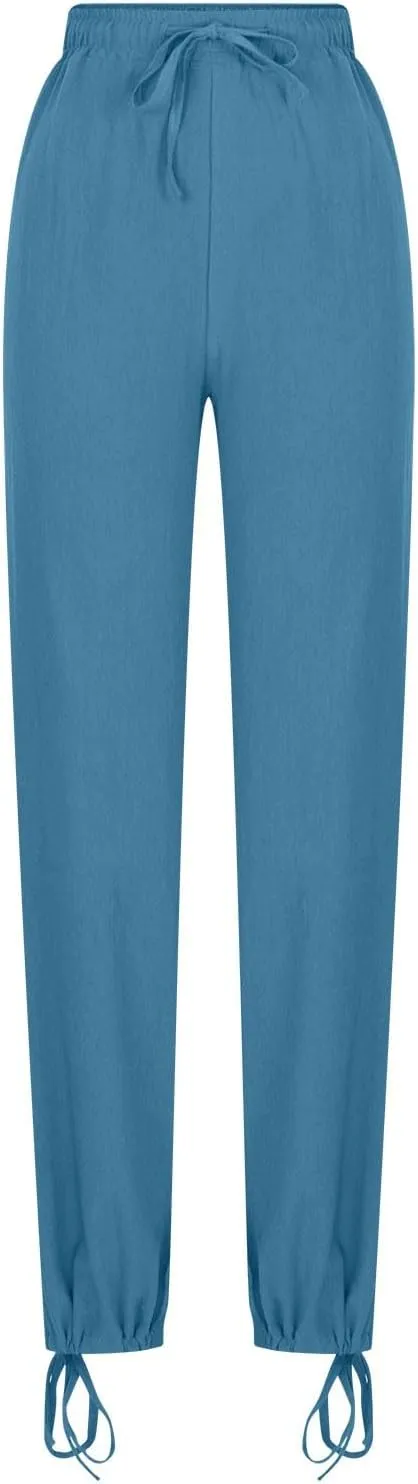 Cotton Linen Pants for Womens Casual Loose Drawstring Elastic Waist Pants Fashion Wide Leg Trousers with Pocket