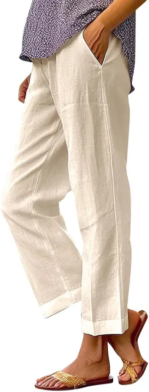 Cotton Linen Pants Women 2025 Summer Elastic Waist Crop Pants Plus Size Straight Leg Slack Trouser with Pocket