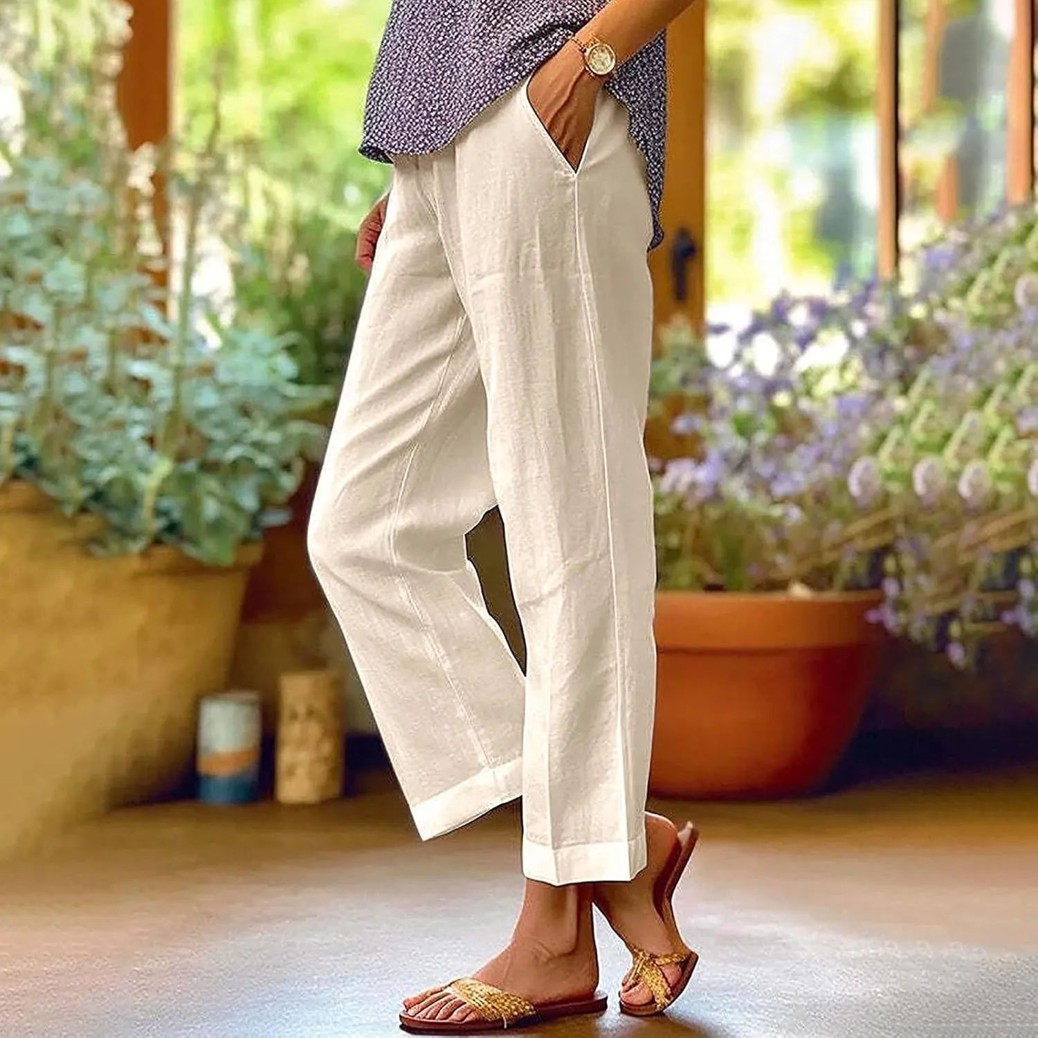Cotton Linen Pants Women 2025 Summer Elastic Waist Crop Pants Plus Size Straight Leg Slack Trouser with Pocket