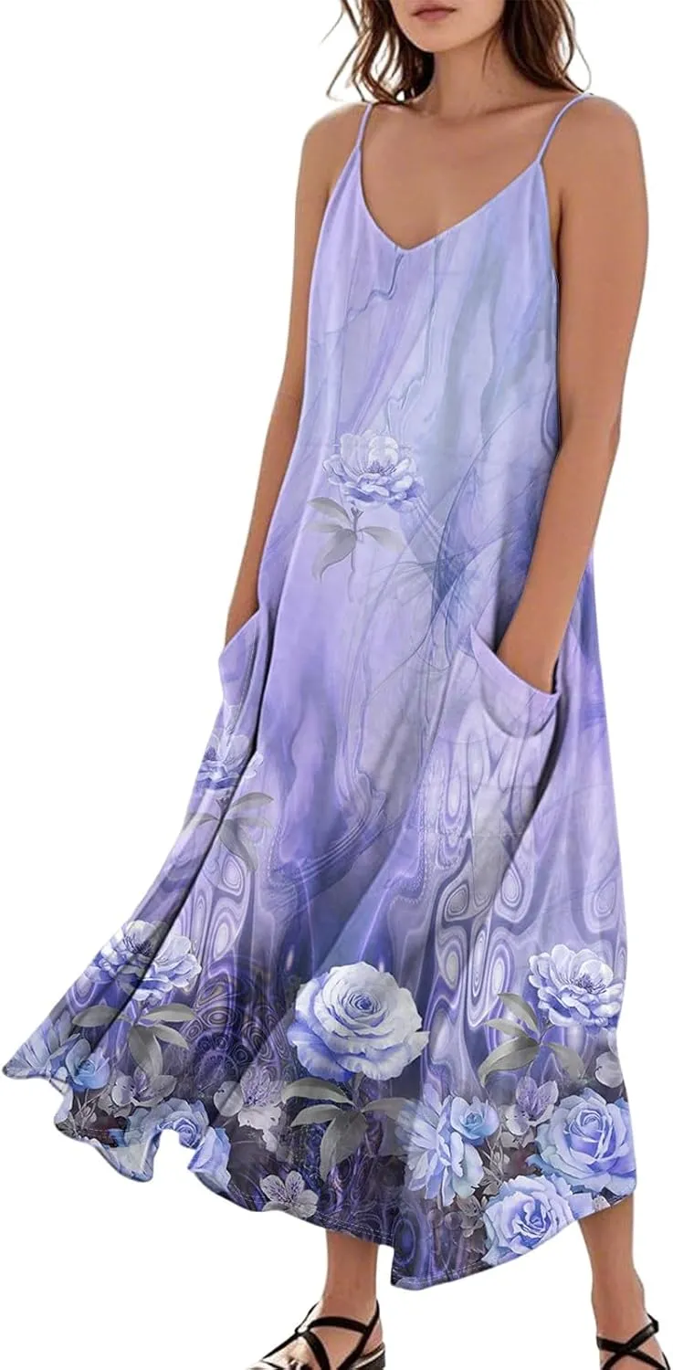 Cotton Linen Sundress for Women Plus Size Sleeveless Spaghetti Strap Midi Dress Loose Beach Vacation with Pockets