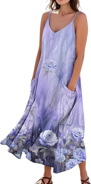 Cotton Linen Sundress for Women Plus Size Sleeveless Spaghetti Strap Midi Dress Loose Beach Vacation with Pockets