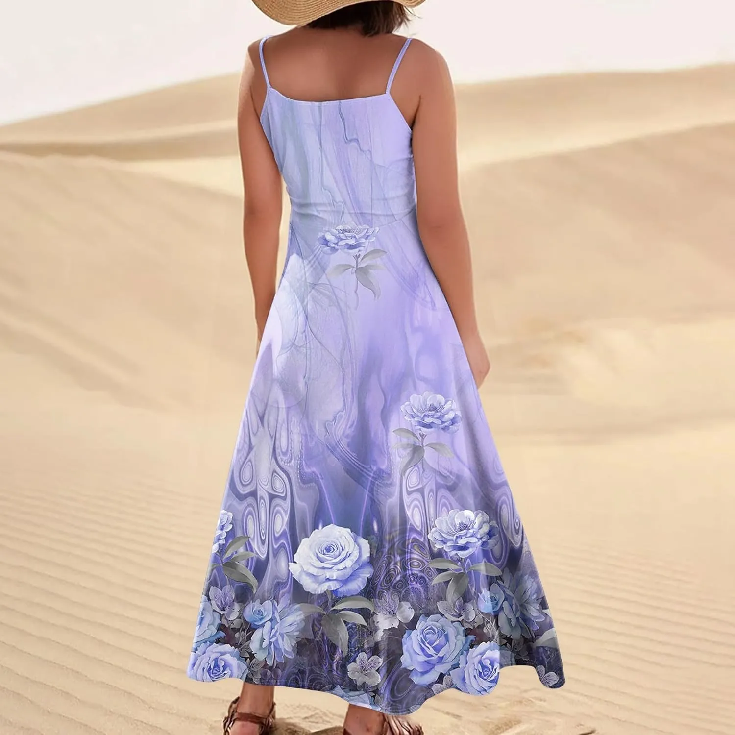 Cotton Linen Sundress for Women Plus Size Sleeveless Spaghetti Strap Midi Dress Loose Beach Vacation with Pockets