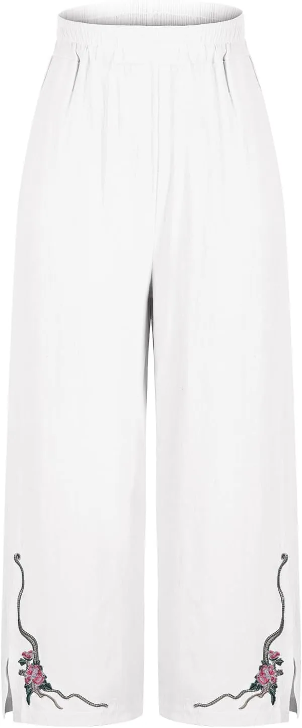 Cropped Linen Pants for Women Floral Embroidered Wide Leg Capri Pant High Elastic Waist Summer Trousers with Pockets