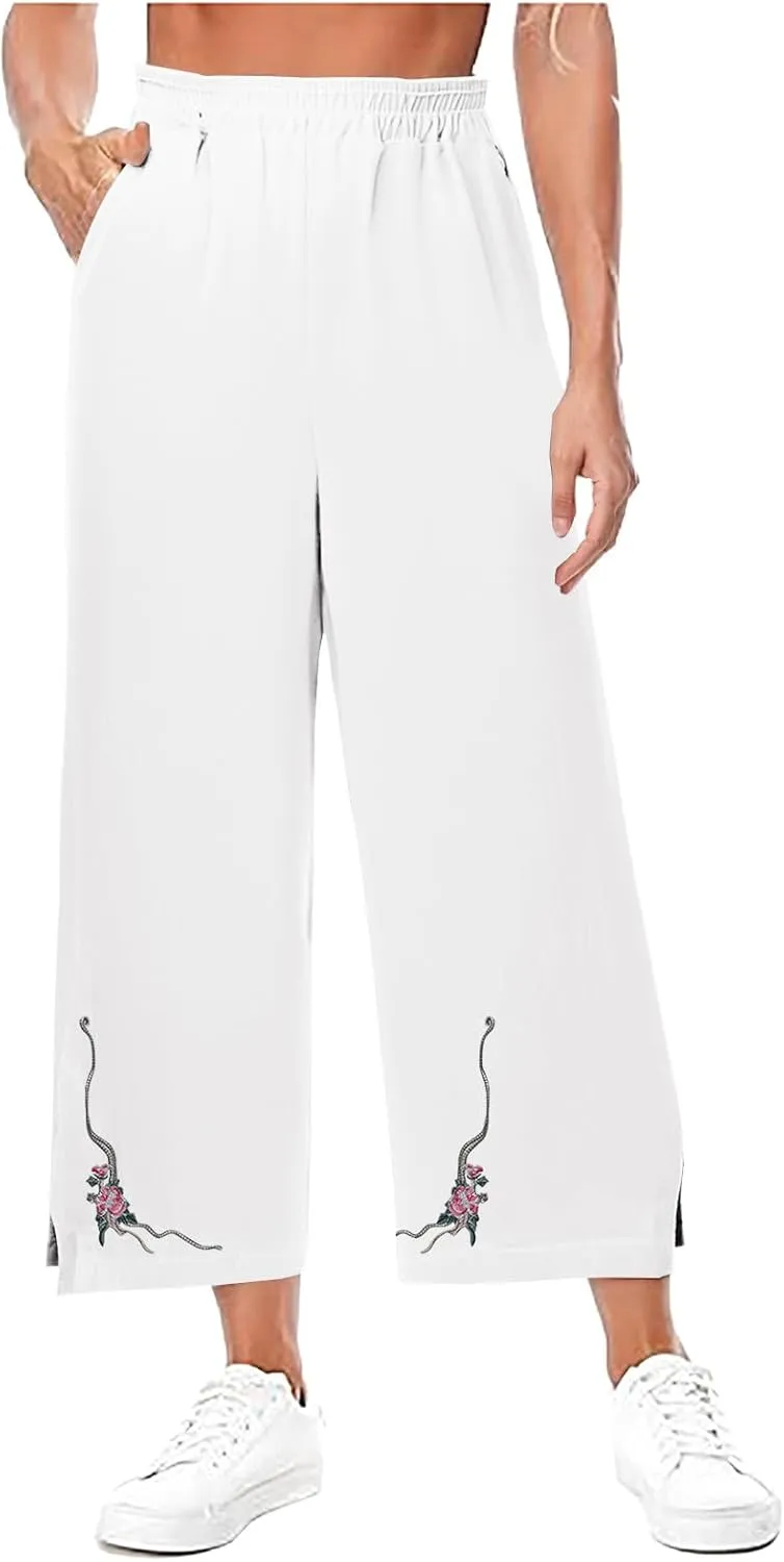 Cropped Linen Pants for Women Floral Embroidered Wide Leg Capri Pant High Elastic Waist Summer Trousers with Pockets