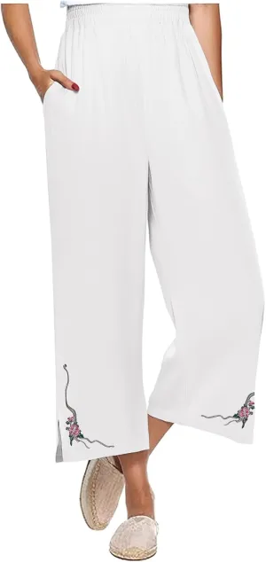 Cropped Linen Pants for Women Floral Embroidered Wide Leg Capri Pant High Elastic Waist Summer Trousers with Pockets