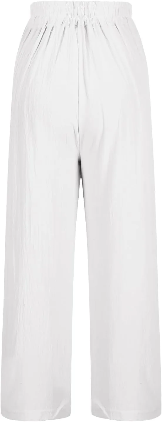 Cropped Linen Pants for Women Floral Embroidered Wide Leg Capri Pant High Elastic Waist Summer Trousers with Pockets
