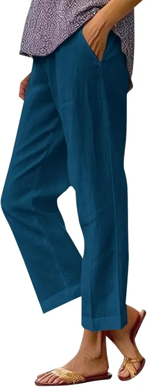 Cropped Linen Pants Women 2025 Summer Elastic Waist Straight Leg Plus Size Crop Pants Beach Trousers with Pockets