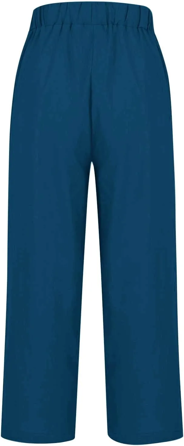 Cropped Linen Pants Women 2025 Summer Elastic Waist Straight Leg Plus Size Crop Pants Beach Trousers with Pockets