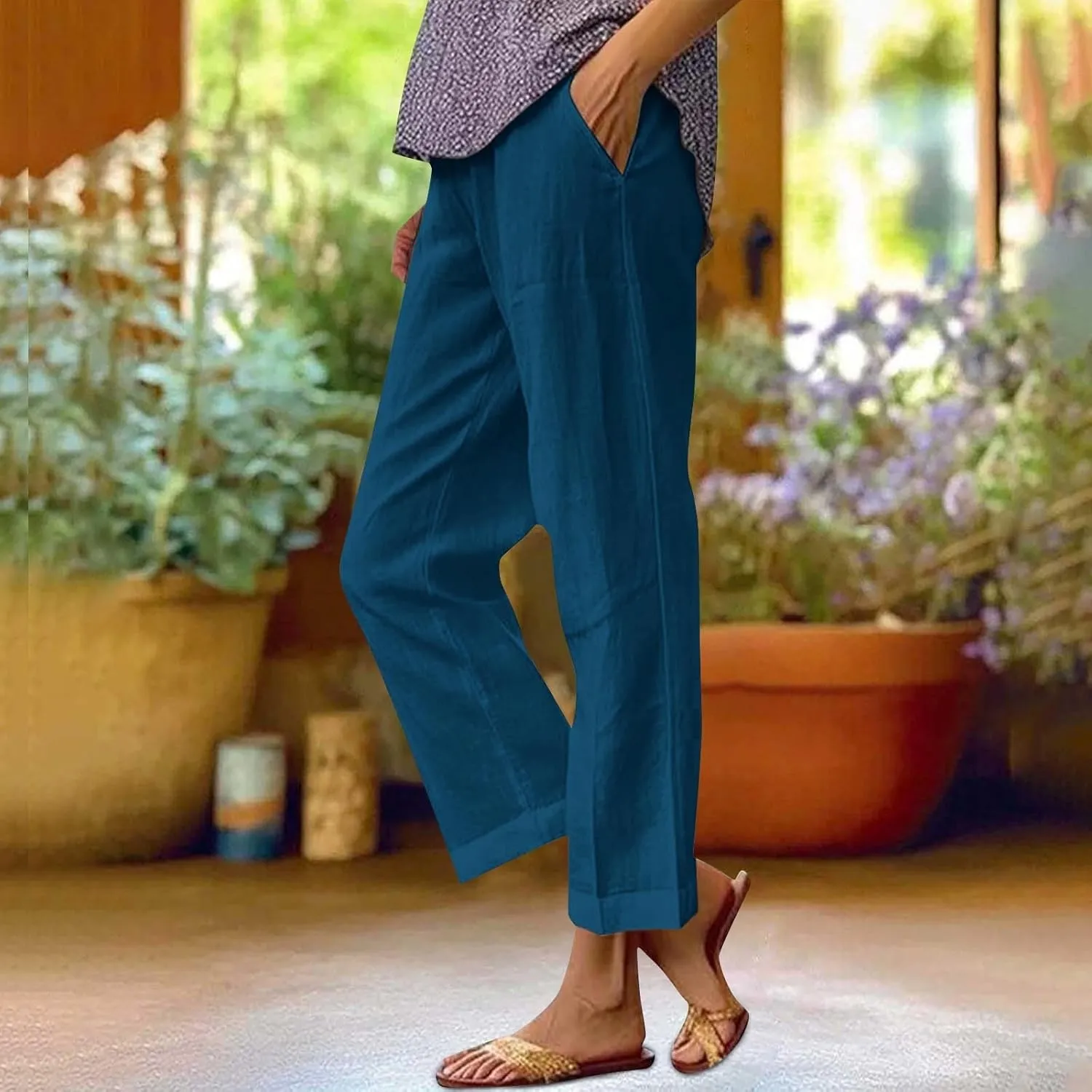 Cropped Linen Pants Women 2025 Summer Elastic Waist Straight Leg Plus Size Crop Pants Beach Trousers with Pockets