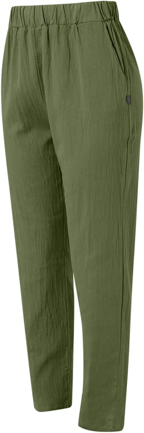Cropped Linen Pants Women Casual Loose Elastic Waist Straight Leg Trousers Summer Beach Travel Vacation with Pockets