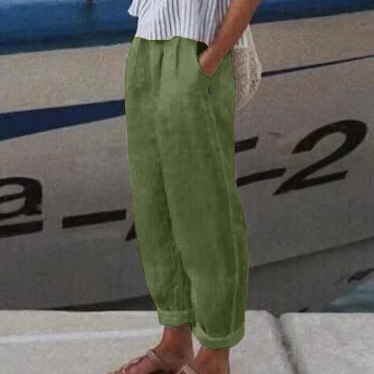 Cropped Linen Pants Women Casual Loose Elastic Waist Straight Leg Trousers Summer Beach Travel Vacation with Pockets
