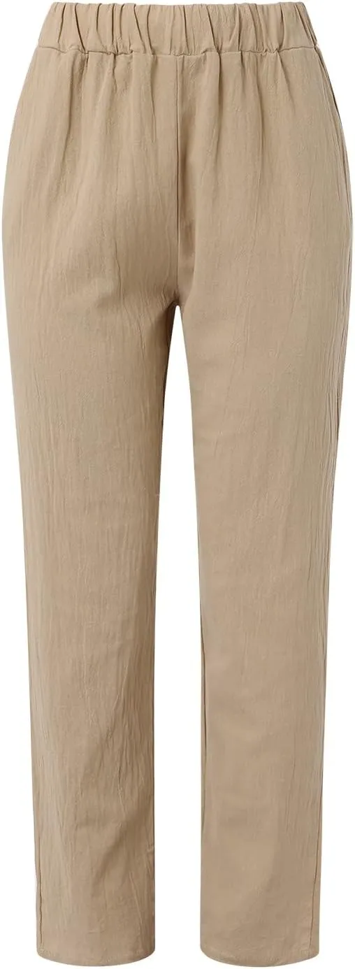 Cropped Linen Pants Women Casual Loose Elastic Waist Straight Leg Trousers Summer Beach Travel Vacation with Pockets