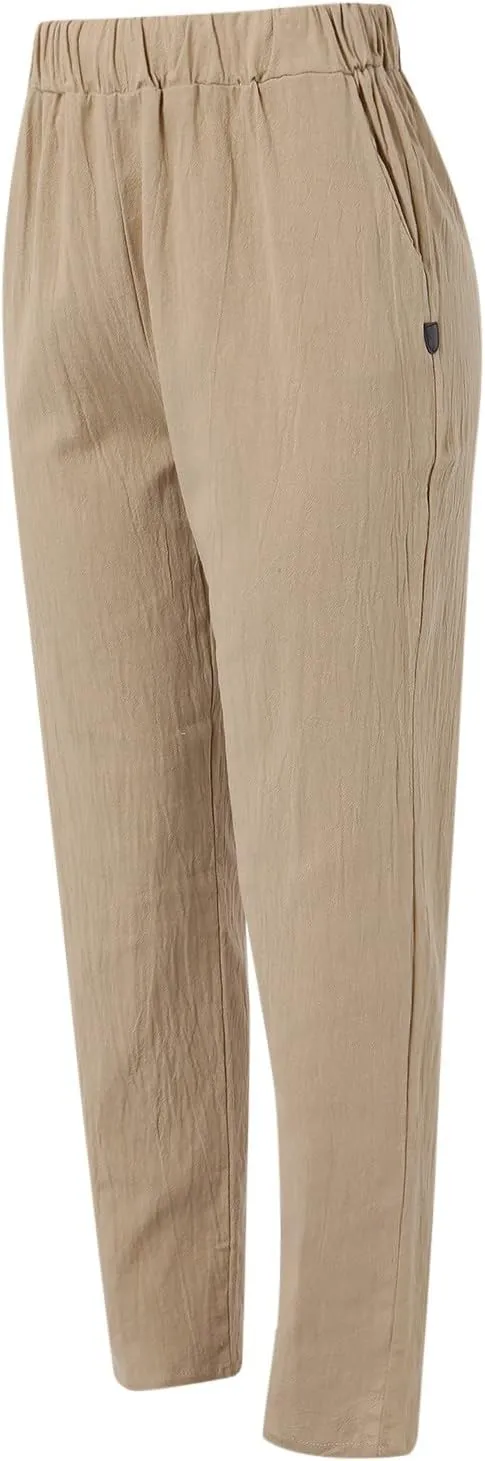 Cropped Linen Pants Women Casual Loose Elastic Waist Straight Leg Trousers Summer Beach Travel Vacation with Pockets