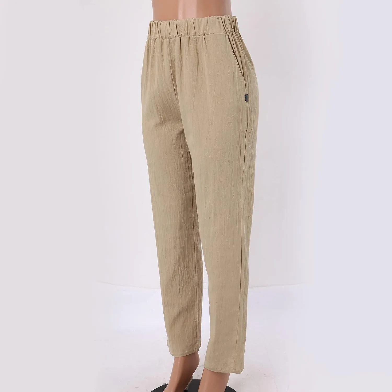 Cropped Linen Pants Women Casual Loose Elastic Waist Straight Leg Trousers Summer Beach Travel Vacation with Pockets