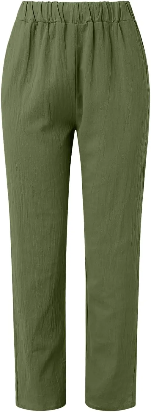 Cropped Linen Pants Women Casual Loose Elastic Waist Straight Leg Trousers Summer Beach Travel Vacation with Pockets