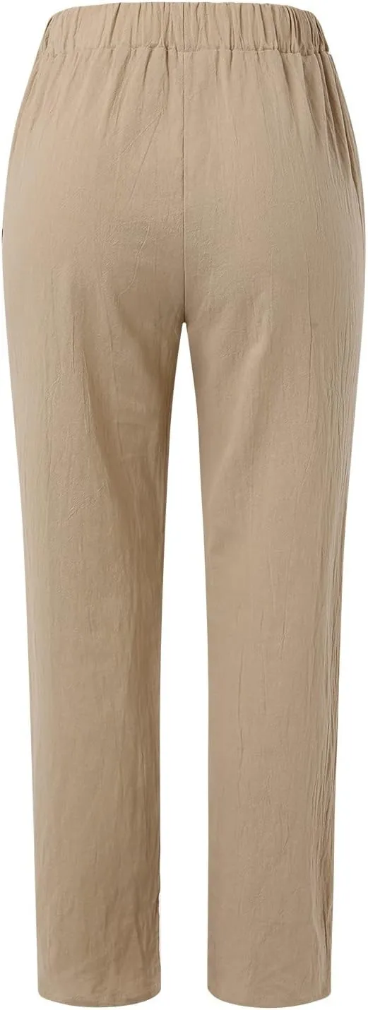 Cropped Linen Pants Women Casual Loose Elastic Waist Straight Leg Trousers Summer Beach Travel Vacation with Pockets