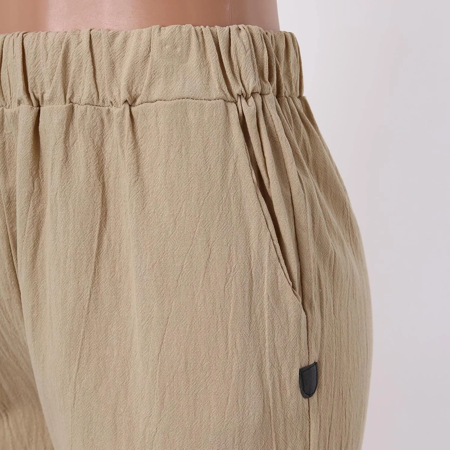 Cropped Linen Pants Women Casual Loose Elastic Waist Straight Leg Trousers Summer Beach Travel Vacation with Pockets