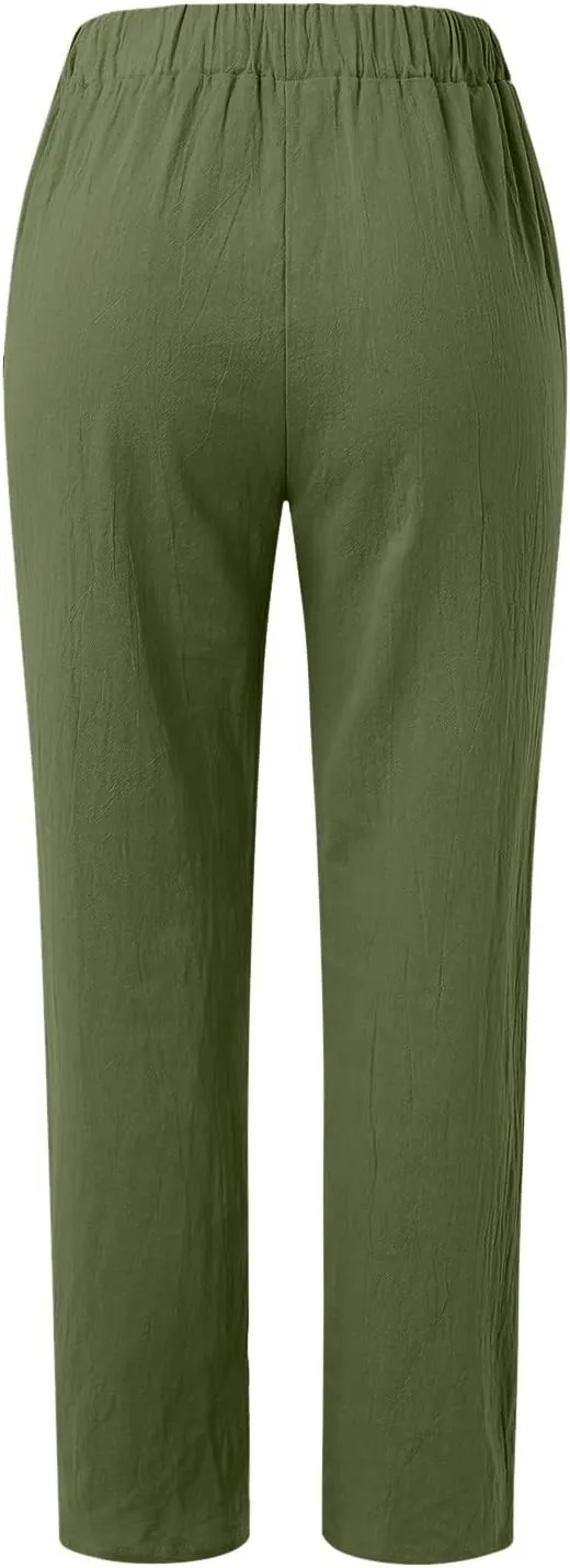 Cropped Linen Pants Women Casual Loose Elastic Waist Straight Leg Trousers Summer Beach Travel Vacation with Pockets