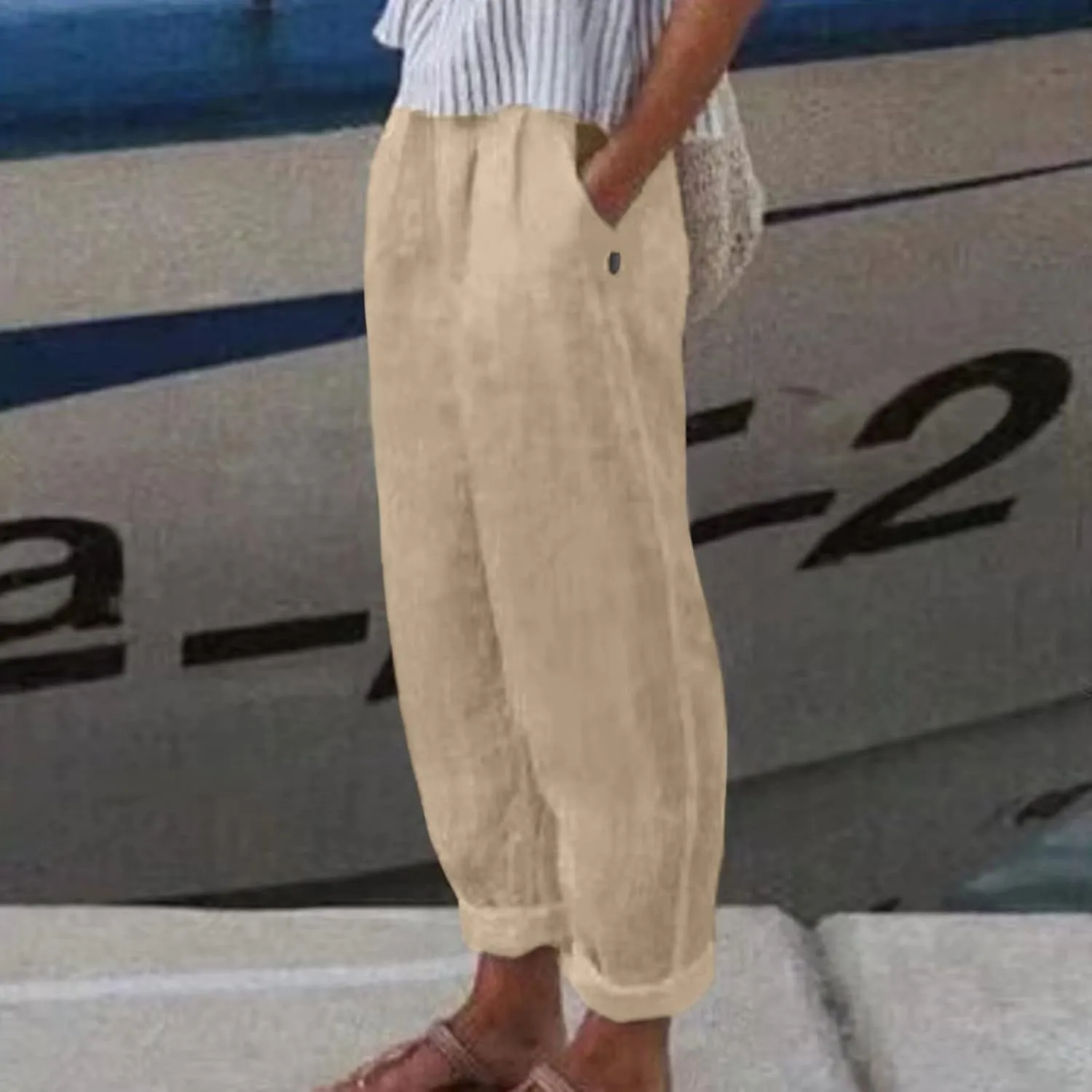 Cropped Linen Pants Women Casual Loose Elastic Waist Straight Leg Trousers Summer Beach Travel Vacation with Pockets