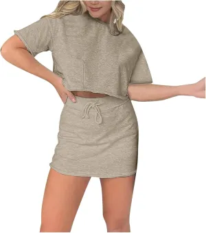 Cropped Tee Skort Set Sweat Skirt Sets Women 2 Piece Outfits Two Piece Tennis Skirt Set for Women Dressy Long