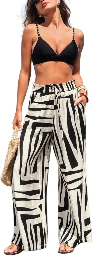 CUPSHE Women Pants Floral Pockets Waist Wide Leg Ruffle Loose Fit Pant Casual Beach 2025 Trendy Dressy Summer