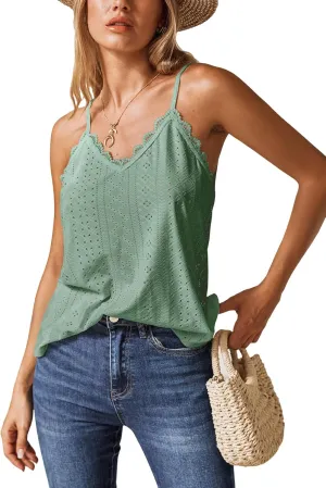 CUPSHE Women Tops Eyelet Jersey Cami Lace Shirt V Neck Sleeveless Tee Casual Dressy