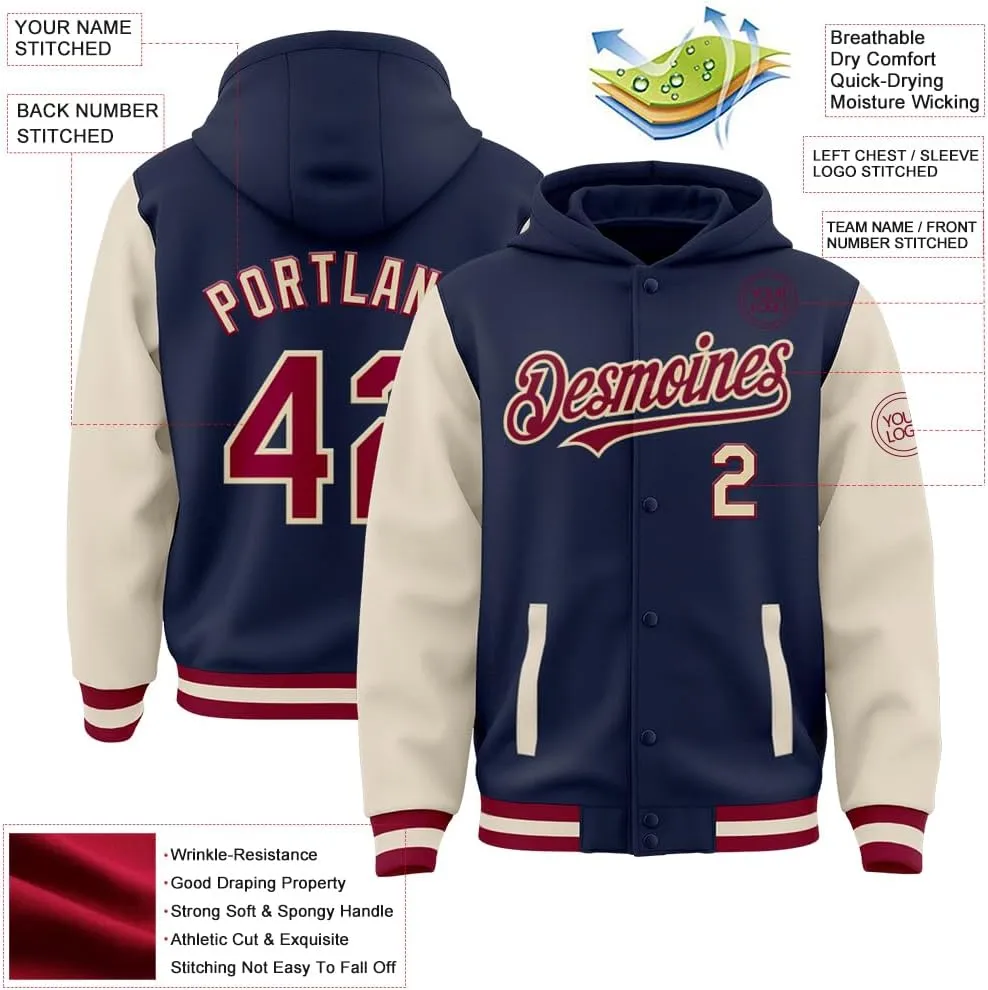 Custom Varsity Jacket with Hood Personalized Teens Letterman Hooded Jacket Full-Snap Baseball Bomber Jacket