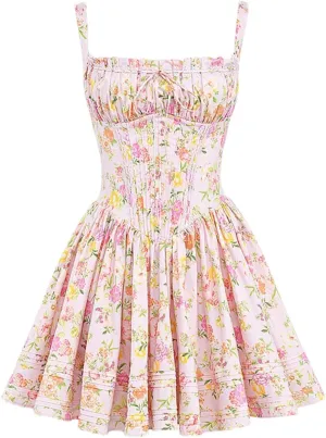Cute Bow Swing Ruffle Hem Summer Mini Dress for Women Sweet High Waist Casual A Line Vacation Party Floral Dress