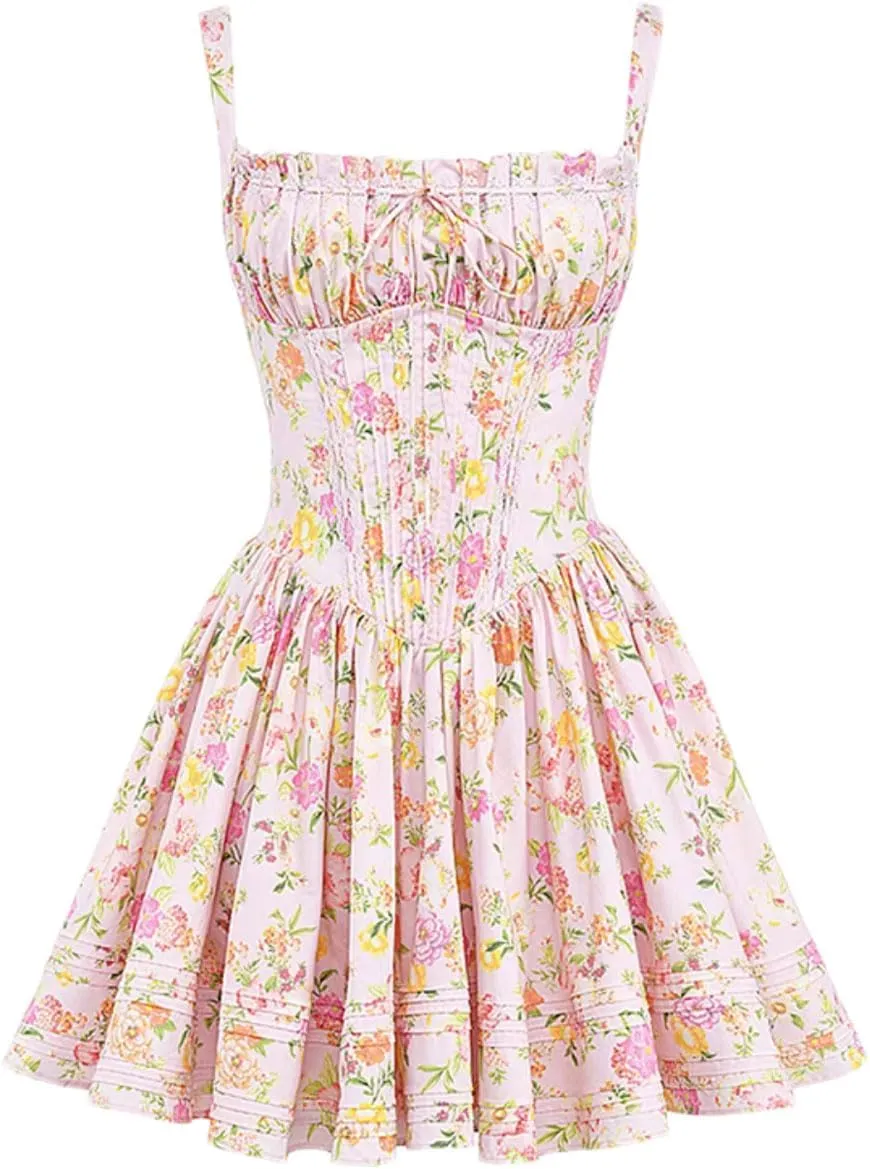 Cute Bow Swing Ruffle Hem Summer Mini Dress for Women Sweet High Waist Casual A Line Vacation Party Floral Dress