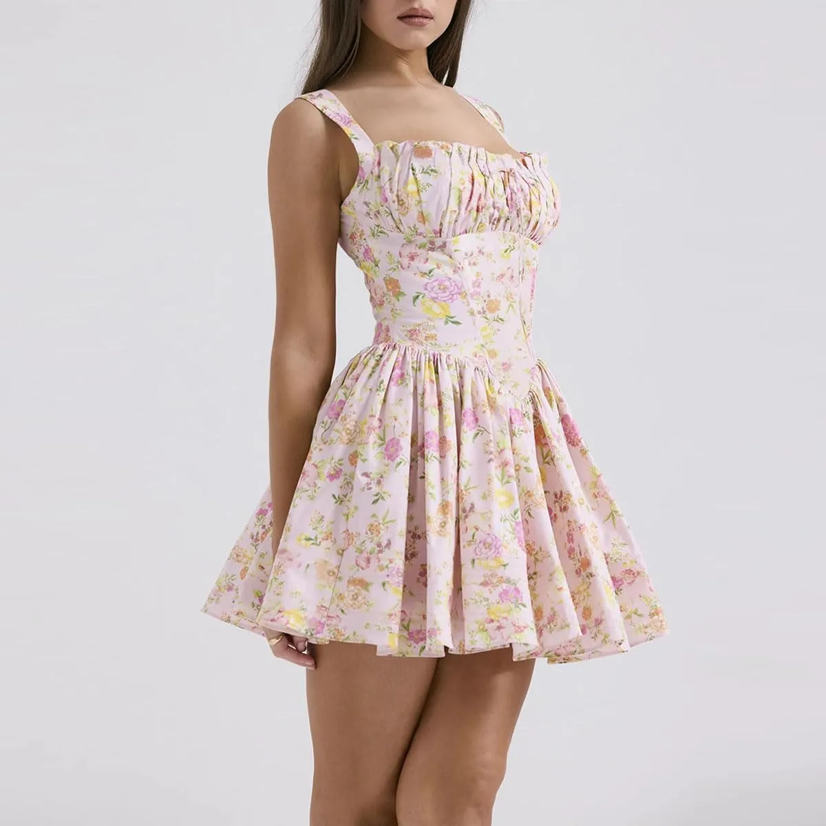 Cute Bow Swing Ruffle Hem Summer Mini Dress for Women Sweet High Waist Casual A Line Vacation Party Floral Dress