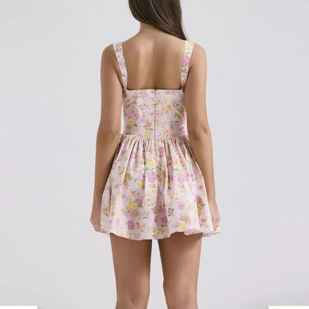 Cute Bow Swing Ruffle Hem Summer Mini Dress for Women Sweet High Waist Casual A Line Vacation Party Floral Dress