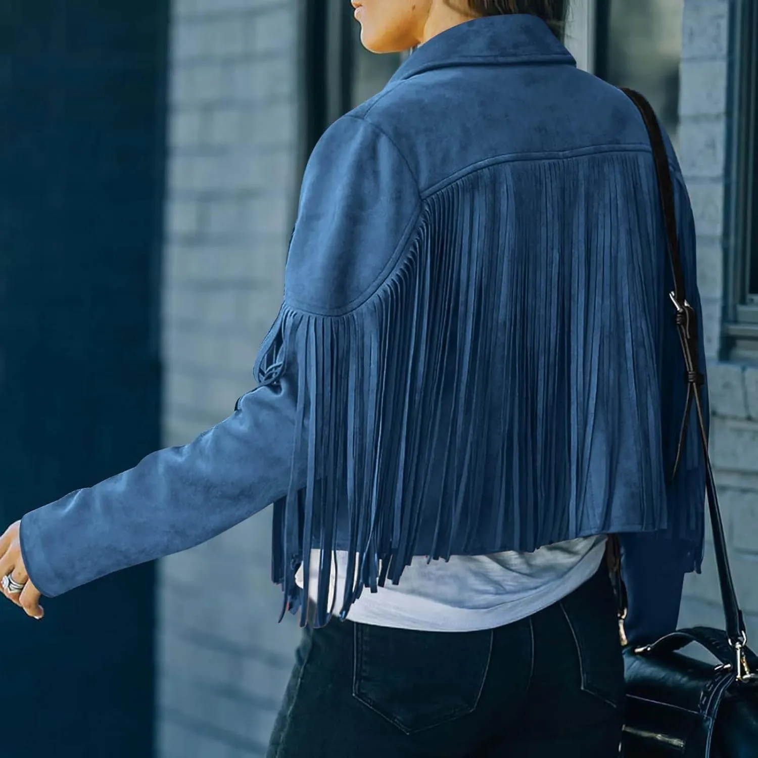 DESKABLY Women Fashion Cropped Tassel Fringe Faux Suede Leather Jacket Fall Winter Long Sleeve Lapel Neck Moto Coat Outwear