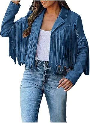 DESKABLY Women Fashion Cropped Tassel Fringe Faux Suede Leather Jacket Fall Winter Long Sleeve Lapel Neck Moto Coat Outwear