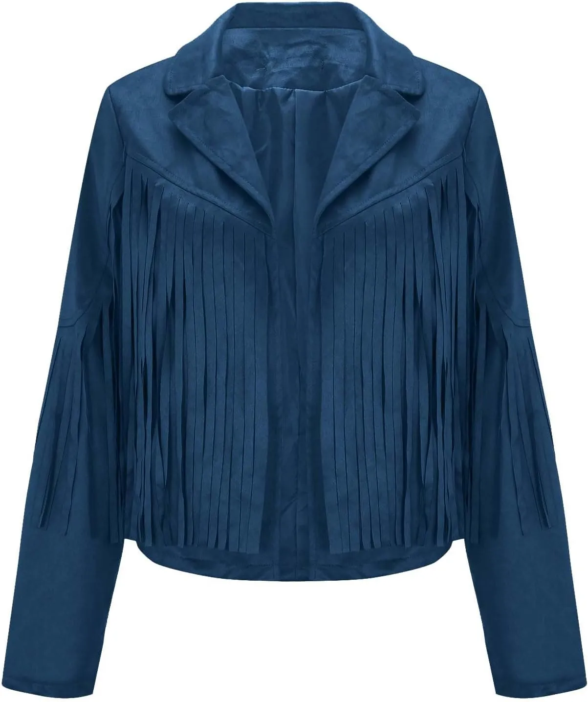 DESKABLY Women Fashion Cropped Tassel Fringe Faux Suede Leather Jacket Fall Winter Long Sleeve Lapel Neck Moto Coat Outwear